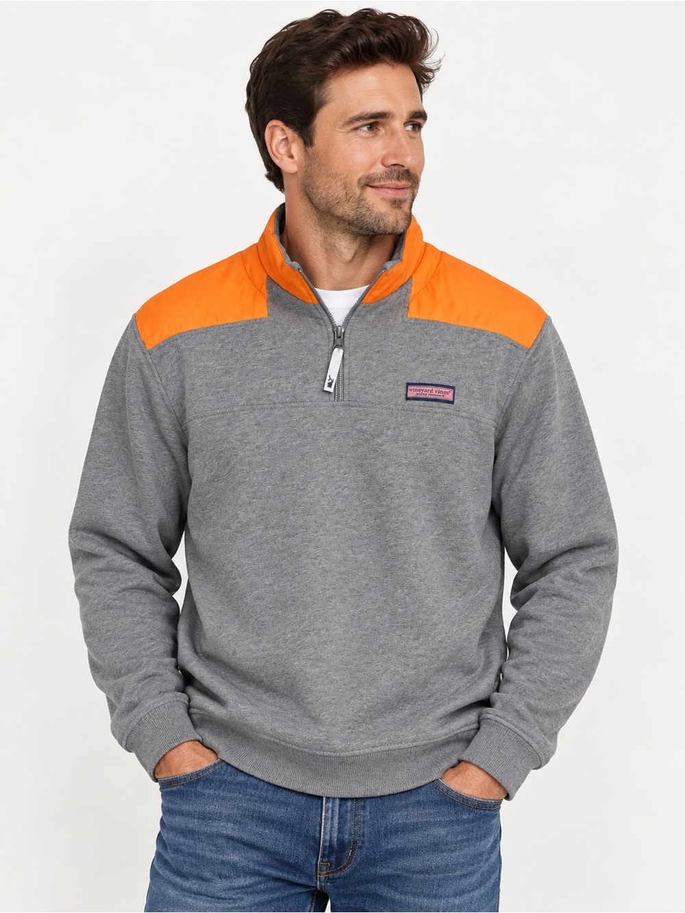 Vineyard Vines Men’s Gray Orange Quarter Zip Pullover Sweatshirt Size Medium